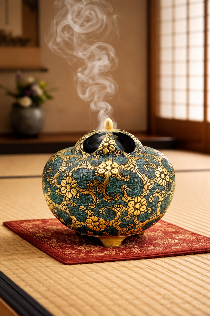 KINGYOKU NAKADA KUTANI INCENSE BURNER – "WHIRL PATTERN BLUE DOTS WITH DOUBLE CLEMATIS ARABESQUE"