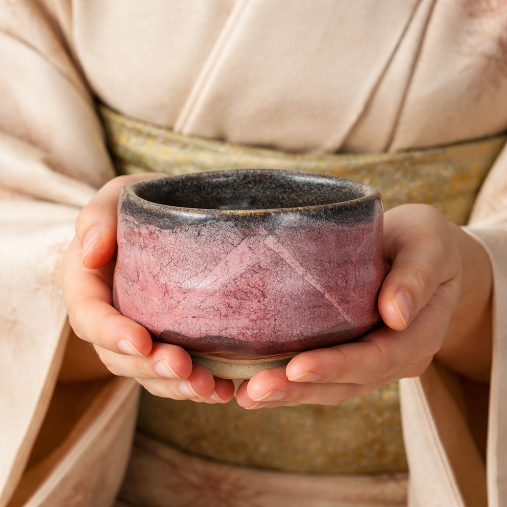 KUTANI MATCHA TEA BOWL – PEACH PINK & SILVER GLAZE, HANDCRAFTED JAPANESE CHAWAN (WOODEN BOX)