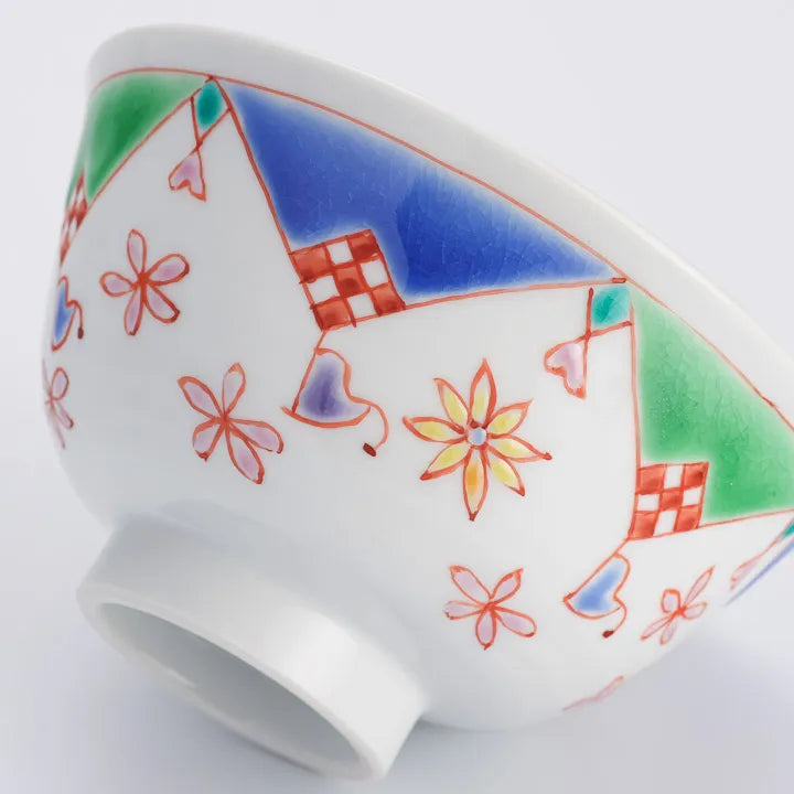 KUTANI WARE SINGLE RICE BOWL - HANAMATSURI (BLUE) DESIGN / GINSYUU KILN
