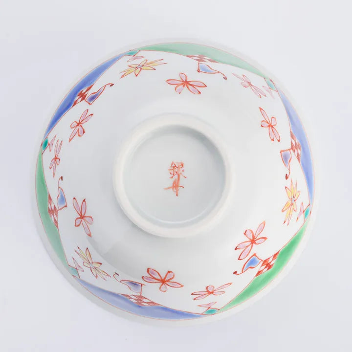 KUTANI WARE SINGLE RICE BOWL - HANAMATSURI (BLUE) DESIGN / GINSYUU KILN