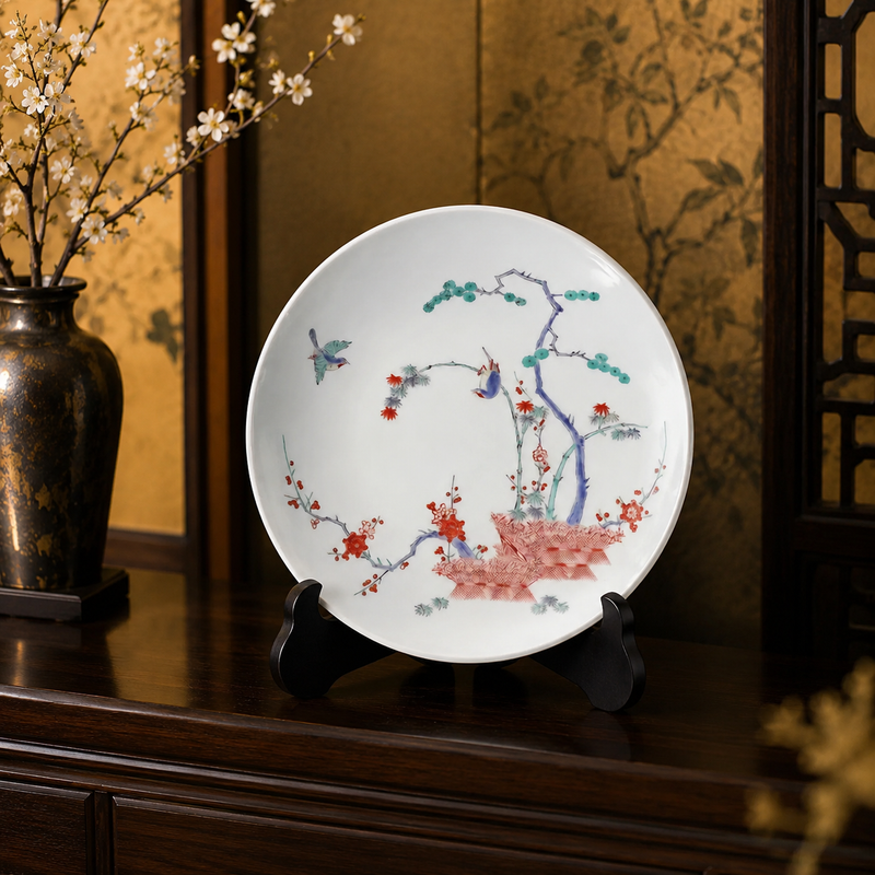 ARITA WARE 6-INCH DECORATIVE PLATE – “PINE, BAMBOO & PLUM WITH BIRDS” | KAKIEMON KILN