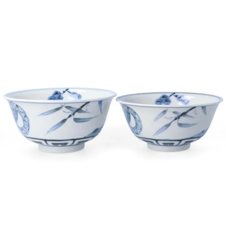 [IMPERIAL HOUSEHOLD PURVEYOR KILN] KUTANI WARE PAIR RICE BOWLS – DOUBLE RING PINE, BAMBOO & PLUM DESIGN BY CHOZA YAMAMOTO