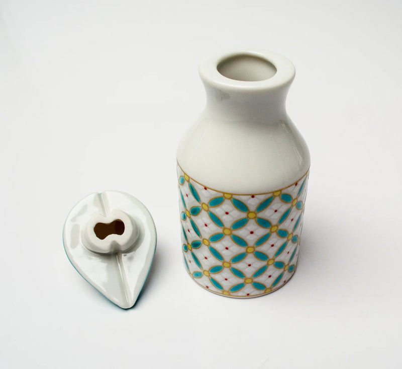 KUTANI WARE PATTERNED SOY SAUCE DISPENSER SHIPPŌ HANABISHI DESIGN SEIKOU KILN, JAPANESE CERAMIC SAUCE CONTAINER