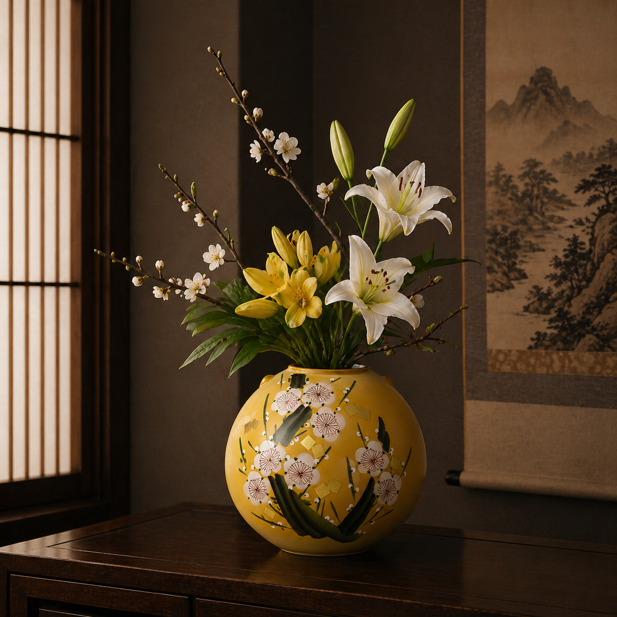 KUTANI WARE VASE WITH PLUM BLOSSOMS IN GOLD LEAF / TOYOSHI YAMADA