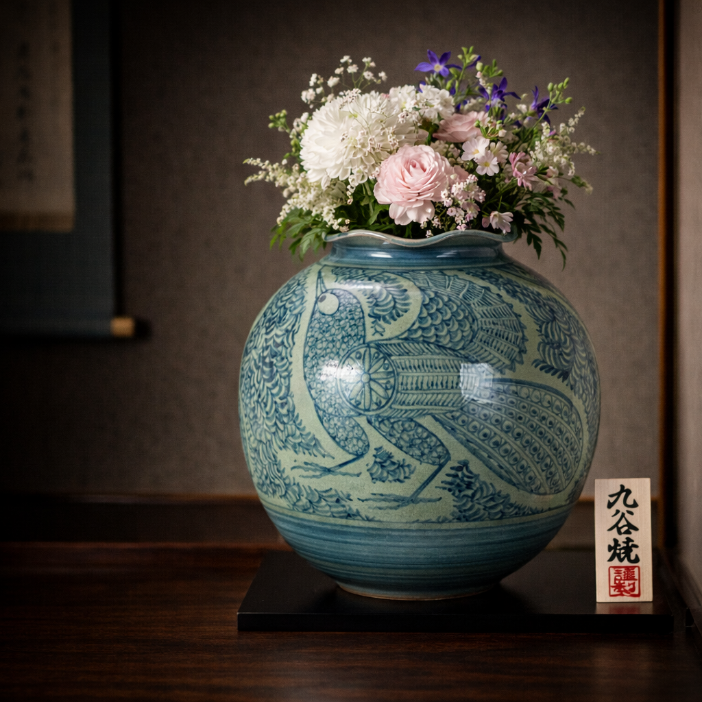 KUTANI WARE JAPANESE VASE – BIRD & KARAKUSA (ARABESQUE) DESIGN