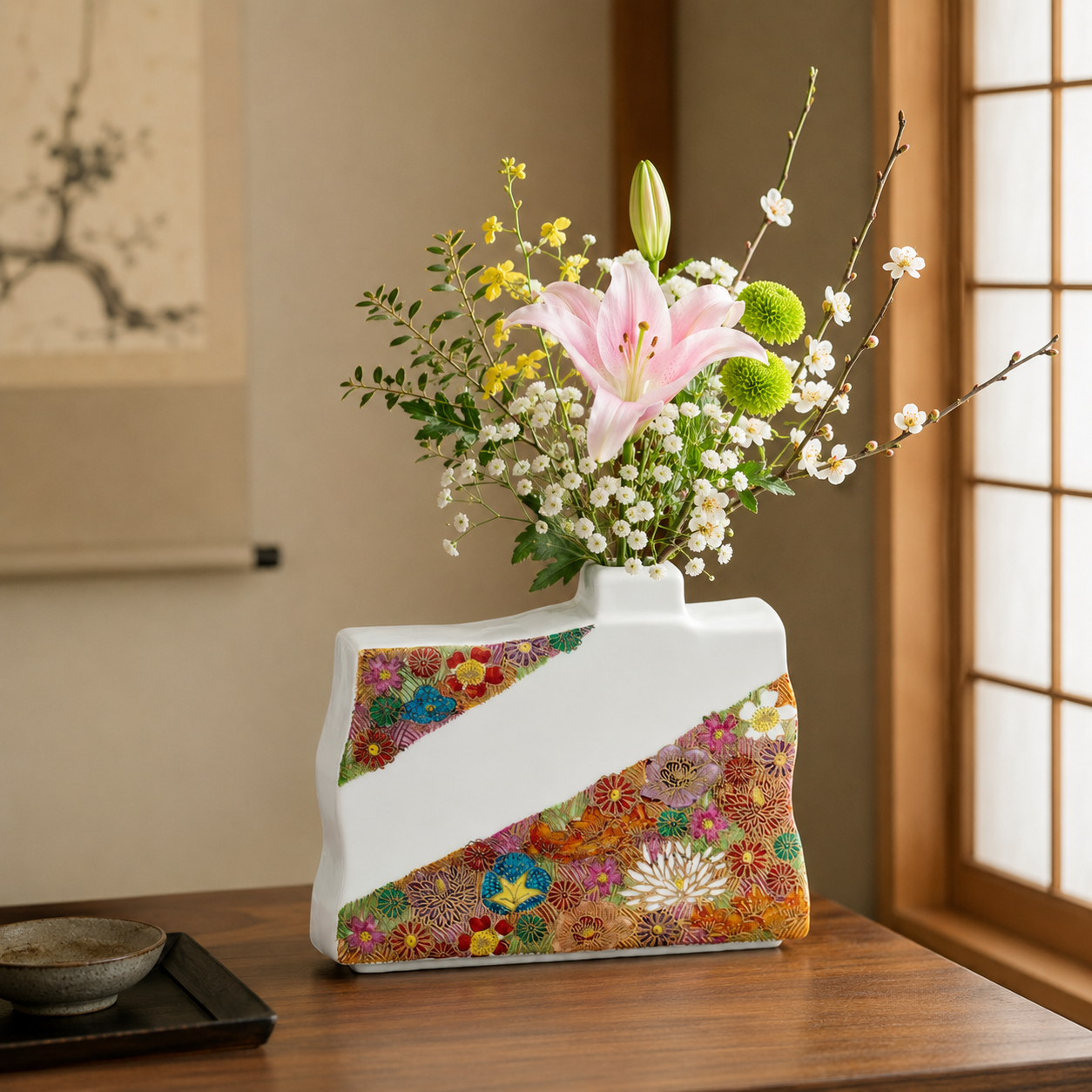 KUTANI SINGLE FLOWER VASE  GOLD HANA-ZUME FLORAL DESIGN (GIFT BOX)