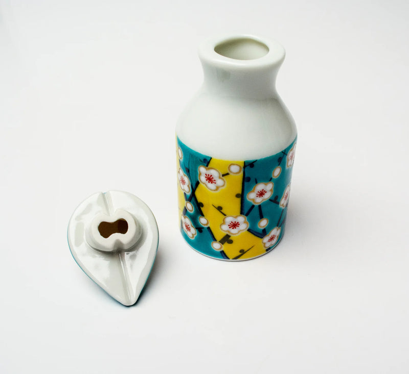 KUTANI WARE PATTERNED SOY SAUCE DISPENSER PLUM DESIGN SEIKOU KILN, JAPANESE CERAMIC SAUCE CONTAINER