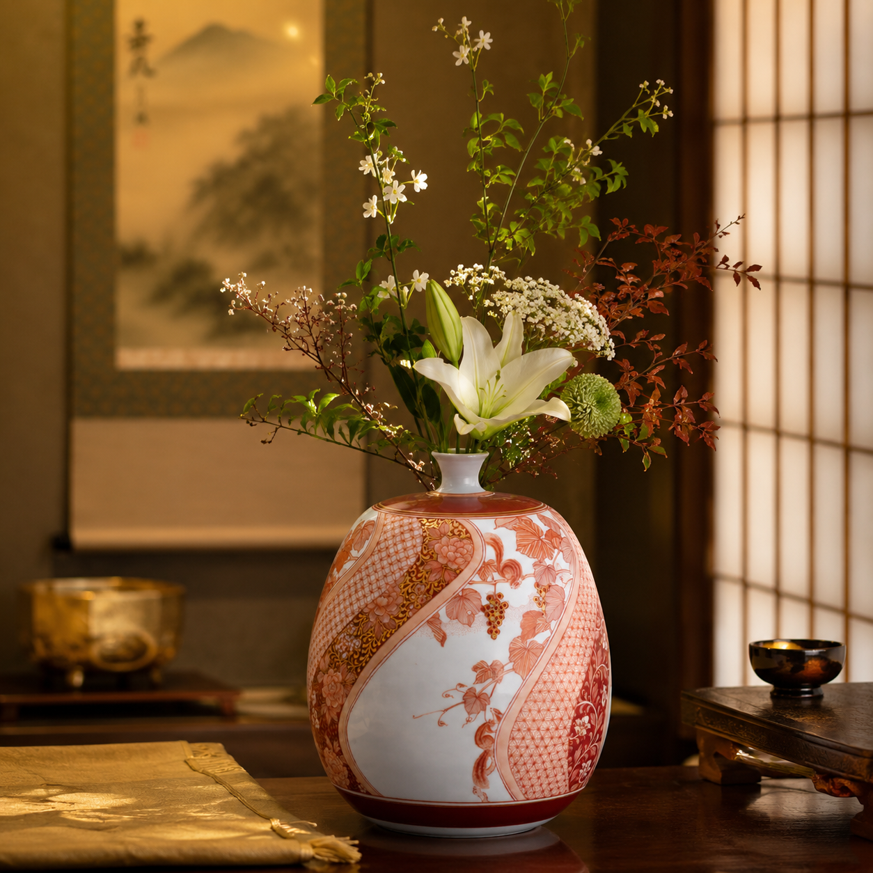 KUTANI WARE VASE AKAE MINORI-MON/BUZAN FUKUSHIMA