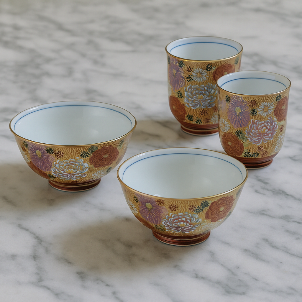KUTANI WARE PAIR RICE BOWL SET (MUKUZOROI) HANAZUME DESIGN