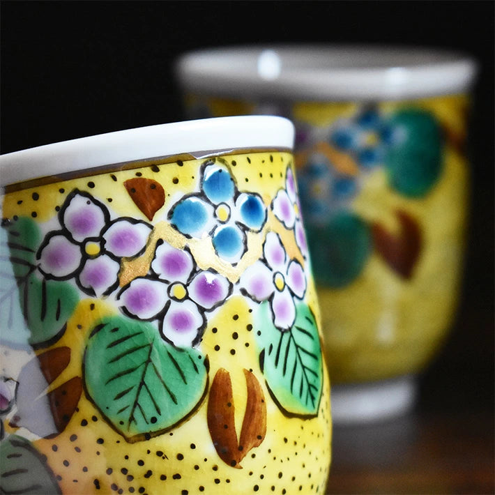 KUTANI JAPANESE YUNOMI SET TEACUP YOSHIDAYA HYDRANGEA