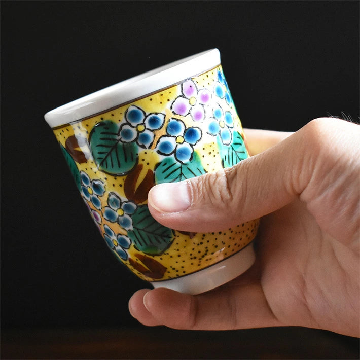 KUTANI JAPANESE YUNOMI SET TEACUP YOSHIDAYA HYDRANGEA
