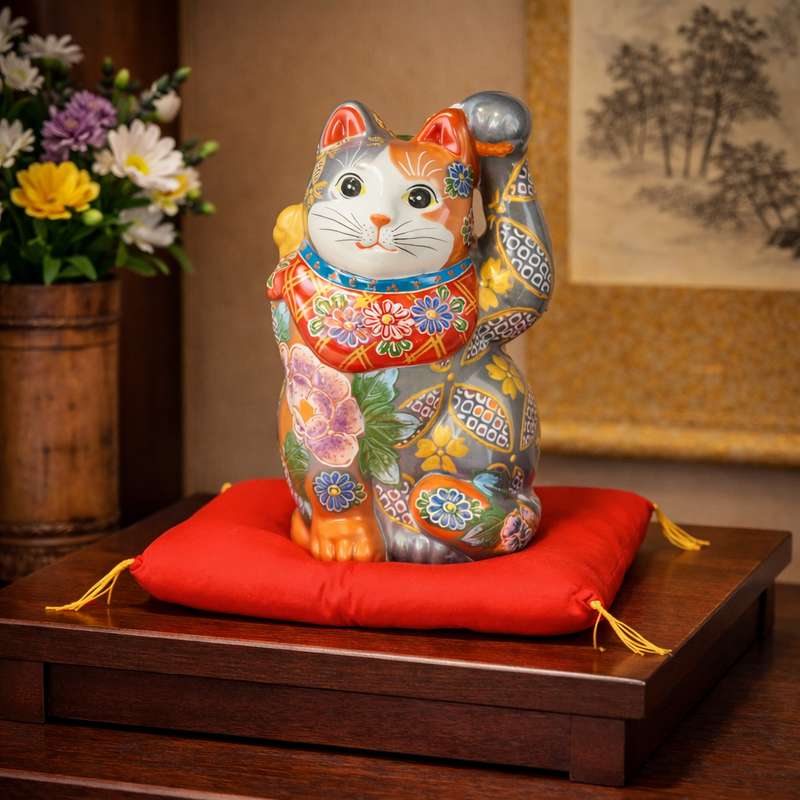 JAPAN KUTANI  LUCKY CAT( MANEKI-NEKO) SILVER VERMILION FLORAL PROSPERITY (WITH CUSHION)