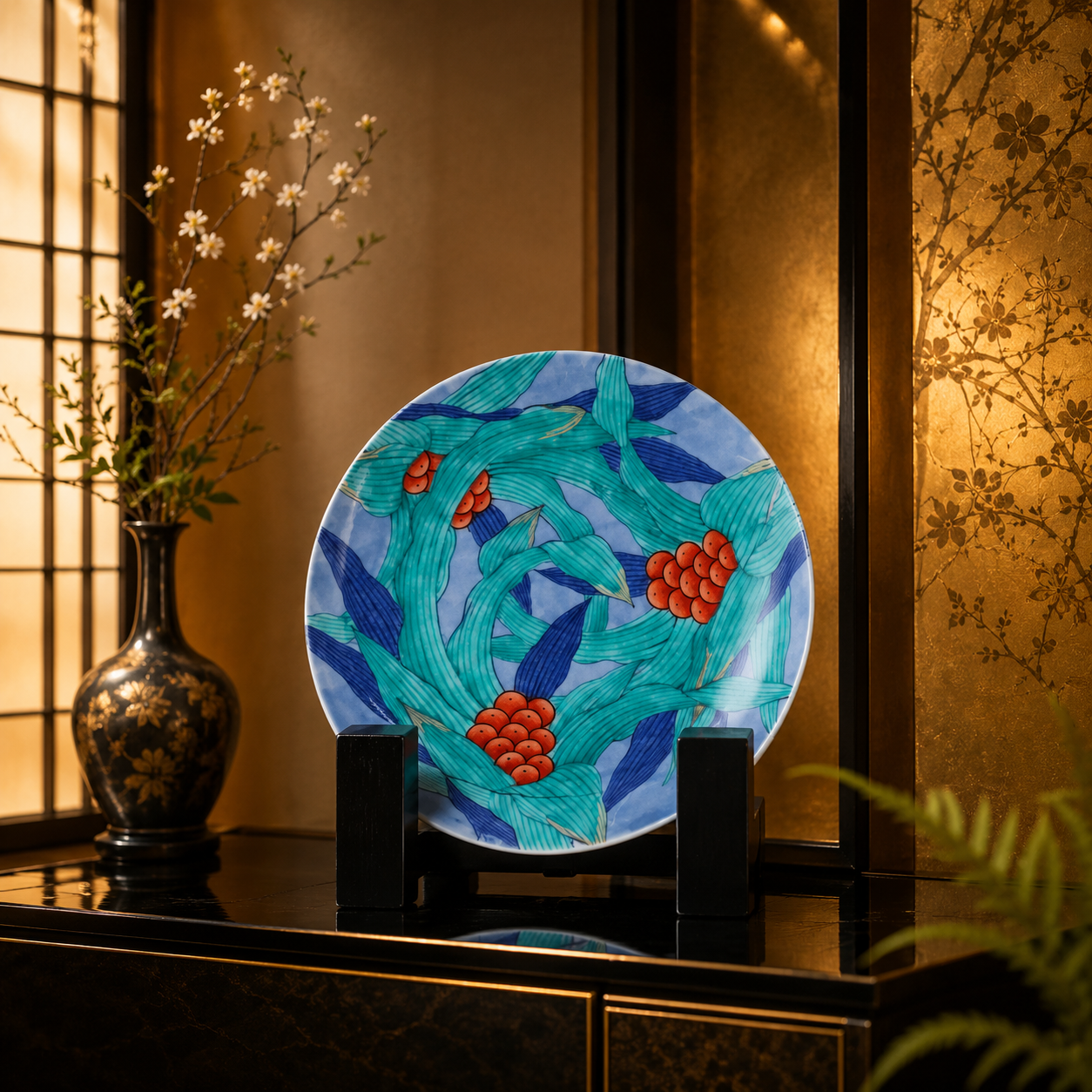 ARITA WARE “IRO-NABESHIMA OMOTO DESIGN PEDESTAL PLATE” – IMAEMON KILN