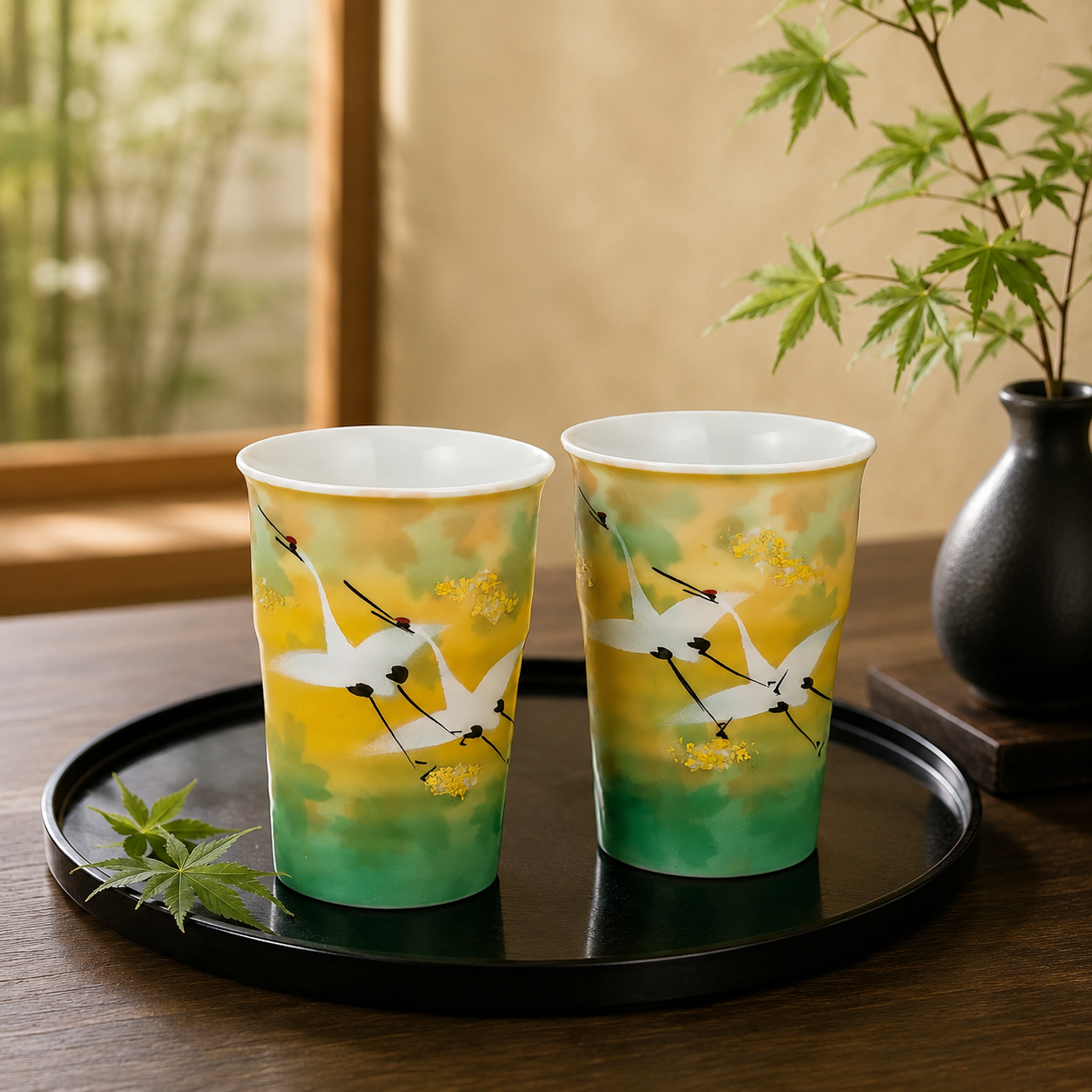 KUTANI WARE PAIR OF FREE CUPS GOLD LEAF FLORAL FLOCK OF CRANES/TOYOSHI YAMADA