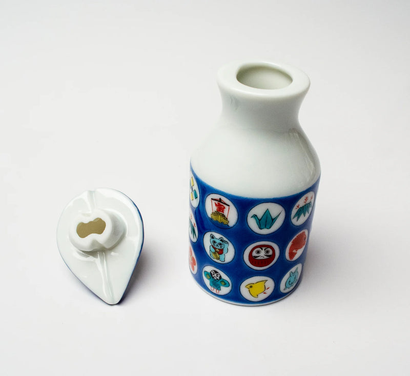 KUTANI WARE SOY SAUCE DISPENSER - MARUMON HŌMON DESIGN, SEIKOU KILN CERAMIC SAUCE CONTAINER