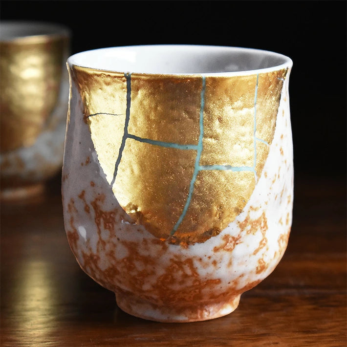 KUTANI JAPANESE YUNOMI SET TEACUP GOLD LEAF DECORATION