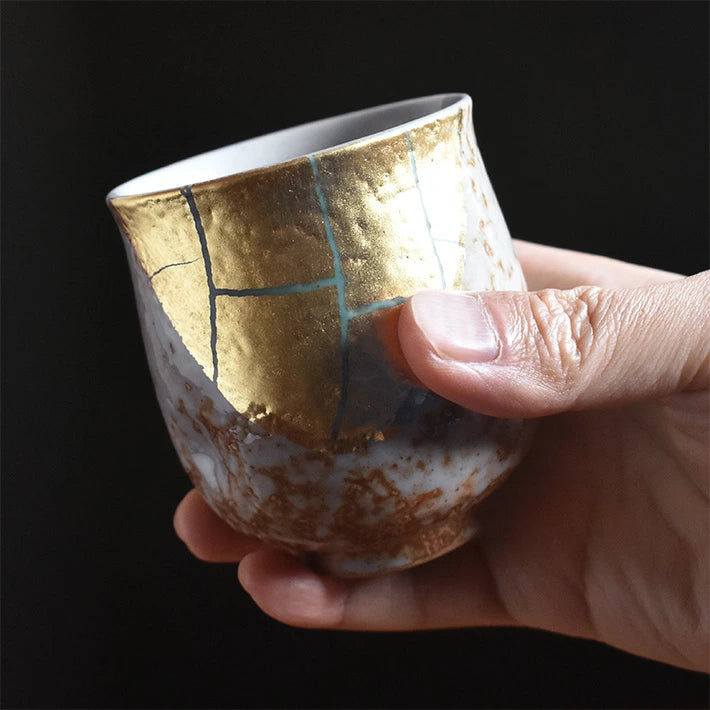 KUTANI JAPANESE YUNOMI SET TEACUP GOLD LEAF DECORATION