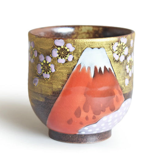 JAPANESE KUTANI YUNOMI SET TEACUP GOLDEN CLOUDS AND CHERRY BLOSSOMS ON MOUNT FUJI/YOSHINORI FUKUDA