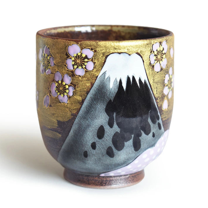 JAPANESE KUTANI YUNOMI SET TEACUP GOLDEN CLOUDS AND CHERRY BLOSSOMS ON MOUNT FUJI/YOSHINORI FUKUDA