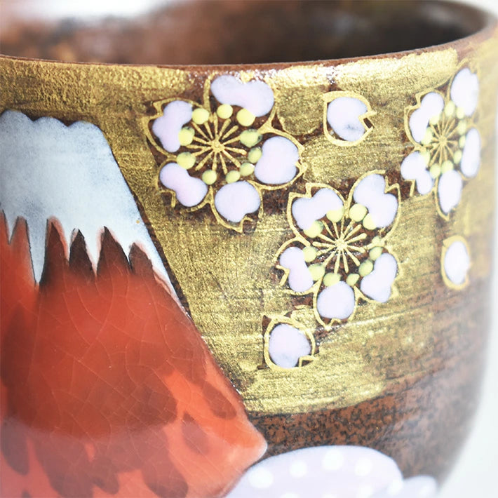 JAPANESE KUTANI YUNOMI SET TEACUP GOLDEN CLOUDS AND CHERRY BLOSSOMS ON MOUNT FUJI/YOSHINORI FUKUDA