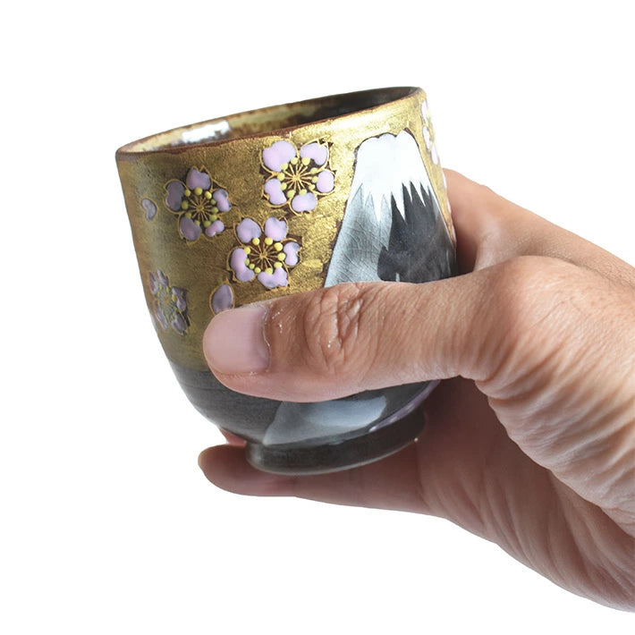 JAPANESE KUTANI YUNOMI SET TEACUP GOLDEN CLOUDS AND CHERRY BLOSSOMS ON MOUNT FUJI/YOSHINORI FUKUDA