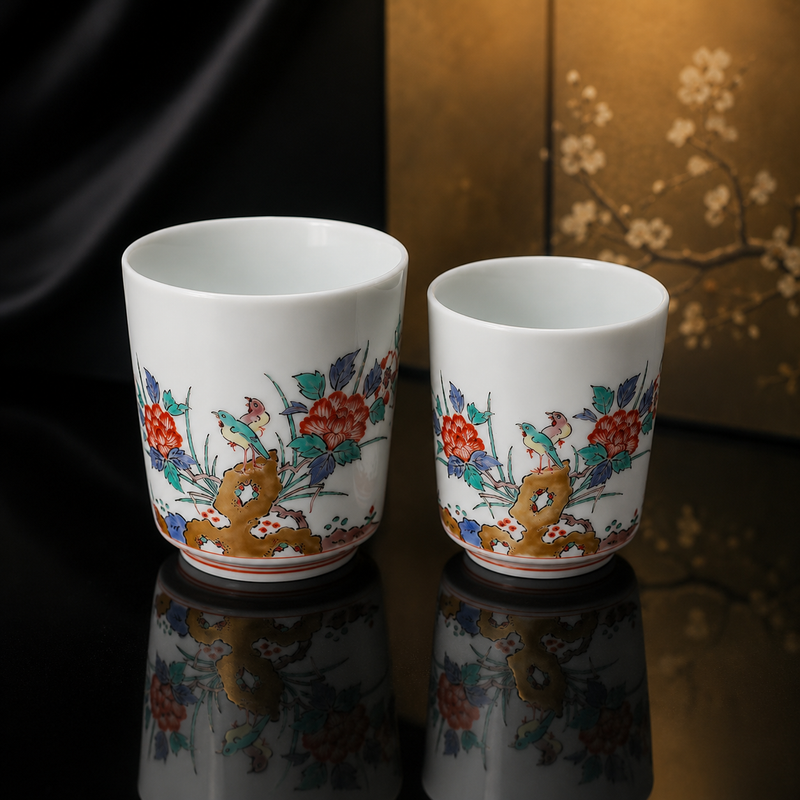 JAPANESE YUNOMI TEA CUP BOTAN CHOMON GUMI / ARITA WARE BY KAKIEMON
