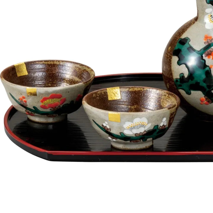 KUTANI JAPANESE SAKE SET RED AND WHITE PLUM BLOSSOMS/YOSHINORI FUKUDA