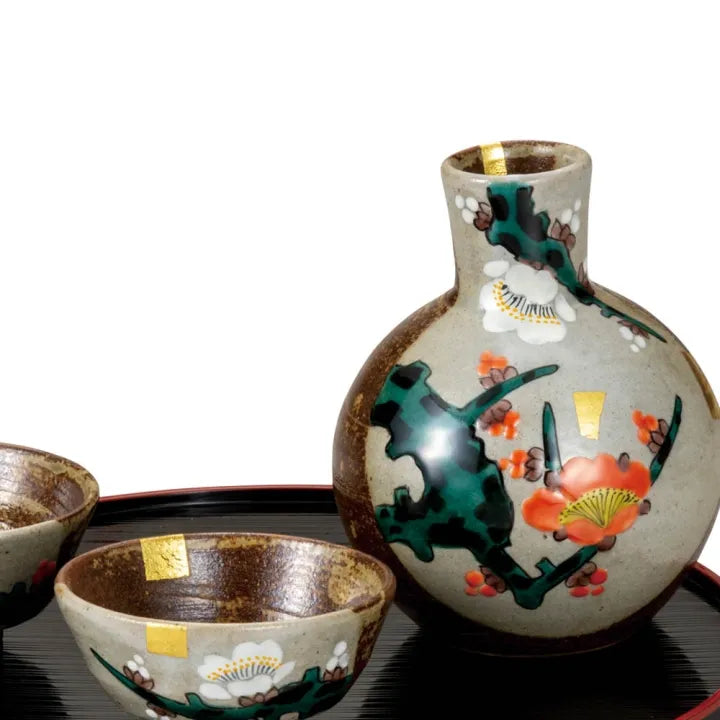 KUTANI JAPANESE SAKE SET RED AND WHITE PLUM BLOSSOMS/YOSHINORI FUKUDA