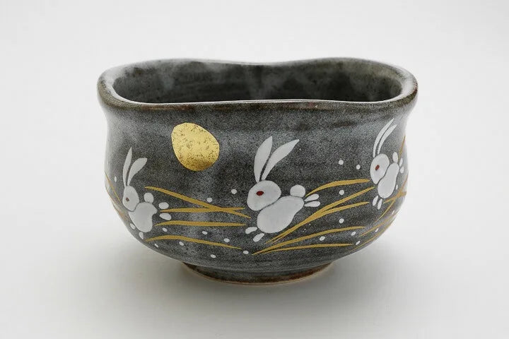 KUTANI WARE MATCHA BOWL - GOLDEN MOON AND RABBIT DESIGN, JAPANESE TEA CEREMONY CHAWAN