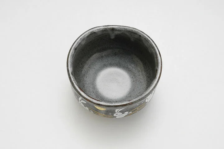 KUTANI WARE MATCHA BOWL - GOLDEN MOON AND RABBIT DESIGN, JAPANESE TEA CEREMONY CHAWAN