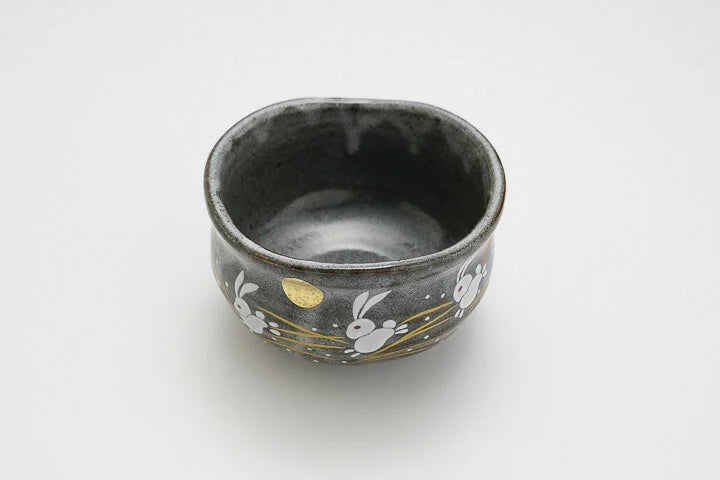 KUTANI WARE MATCHA BOWL - GOLDEN MOON AND RABBIT DESIGN, JAPANESE TEA CEREMONY CHAWAN