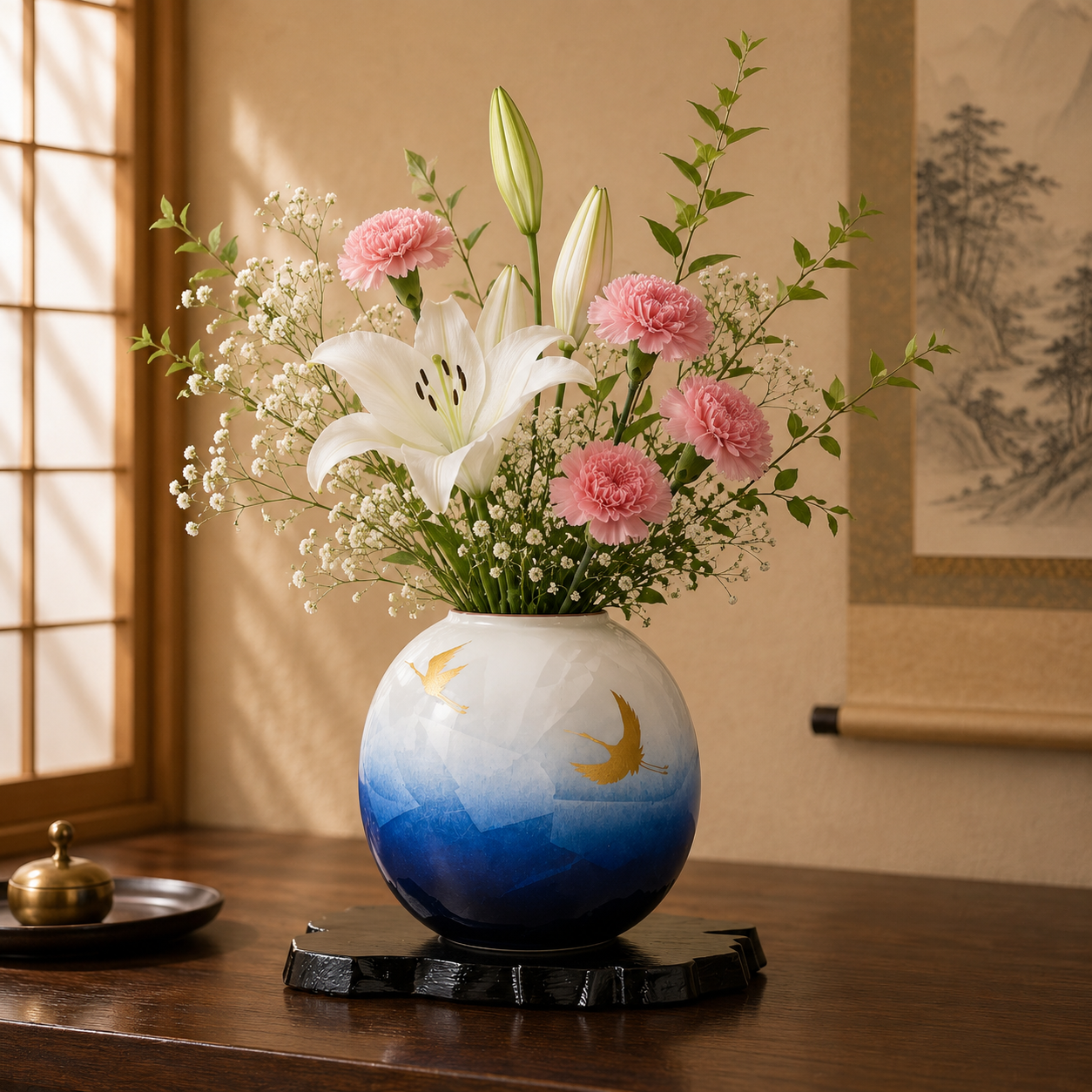 KUTANI JAPANESE FLOWER VASE SILVER GLAZE TWIN CRANES (WITH STAND)