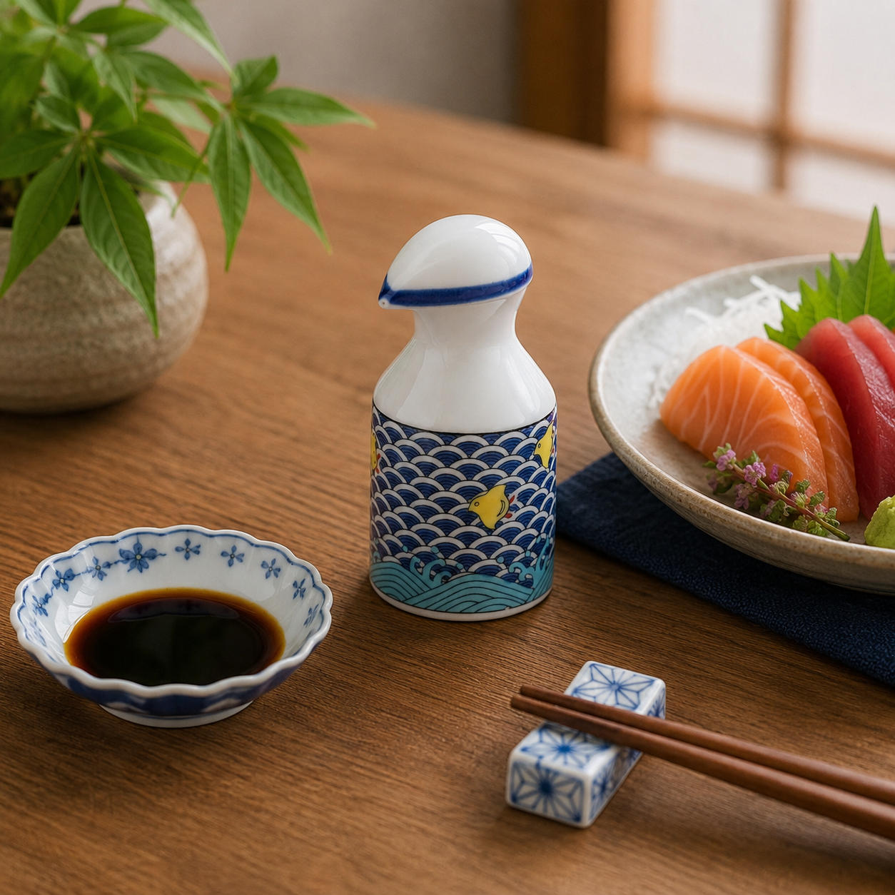 KUTANI WARE PATTERNED SOY SAUCE DISPENSER CHIDORI DESIGN SEIKOU KILN, JAPANESE CERAMIC SAUCE CONTAINER