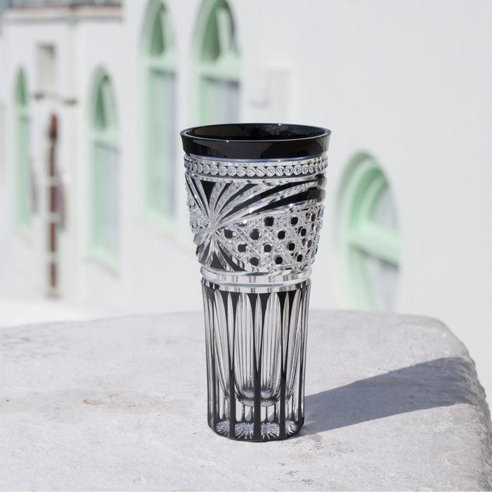 EDO KIRIKO OCTAGONAL KAGOME & CHRYSANTHEMUM KAGOME PATTERN BEER GLASS - BLACK