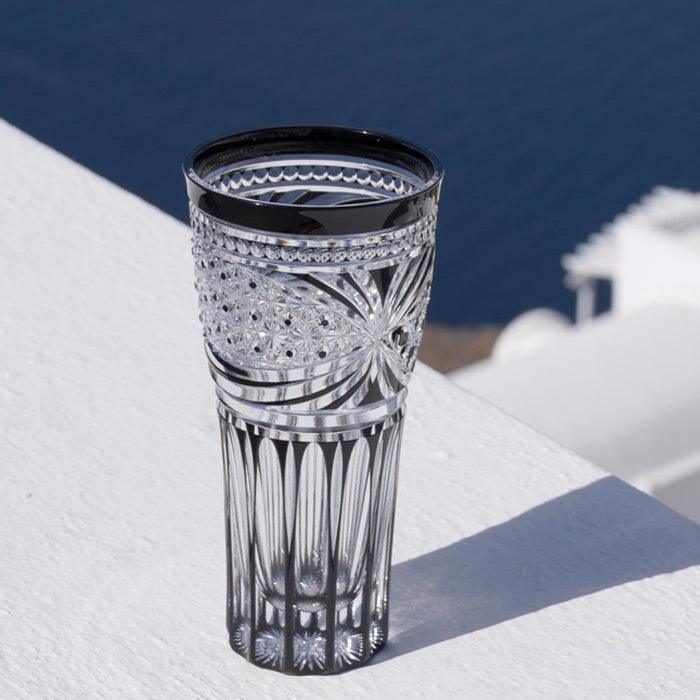 EDO KIRIKO OCTAGONAL KAGOME & CHRYSANTHEMUM KAGOME PATTERN BEER GLASS - BLACK