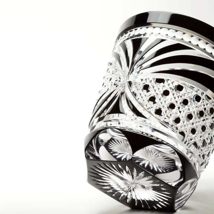 EDO KIRIKO OCTAGONAL KAGOME & CHRYSANTHEMUM KAGOME LINKED PATTERN OLD-FASHIONED GLASS - BLACK