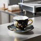 KINGYOKU NAKADA KUTANI JAPANESE COFFEE CUP & SAUCER PLATINUM DECORATION – GRAPE DESIGN WITH BLUE BEADS
