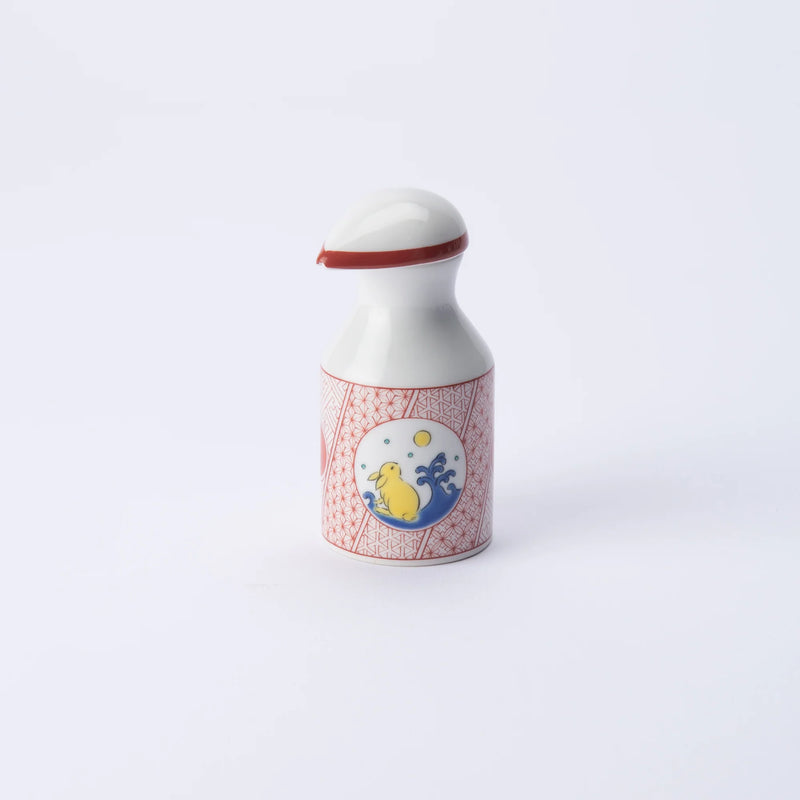 KUTANI WARE PATTERNED SOY SAUCE DISPENSER RABBIT DESIGN SEIKOU KILN, JAPANESE CERAMIC SAUCE CONTAINER