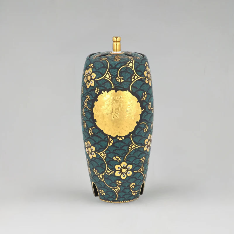 KUTANI WARE INCENSE BURNER (BLUE GRAIN SNOW RING  CHERRY BLOSSOMS, BAMBOO, AND PLUM BLOSSOMS)/KINGYOKU NAKADA