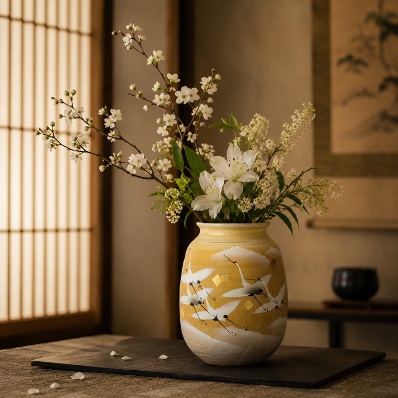 KUTANI JAPANESE NATUME FLOWER VASE  GOLD LEAF CRANE/ TOYOSHI YAMADA