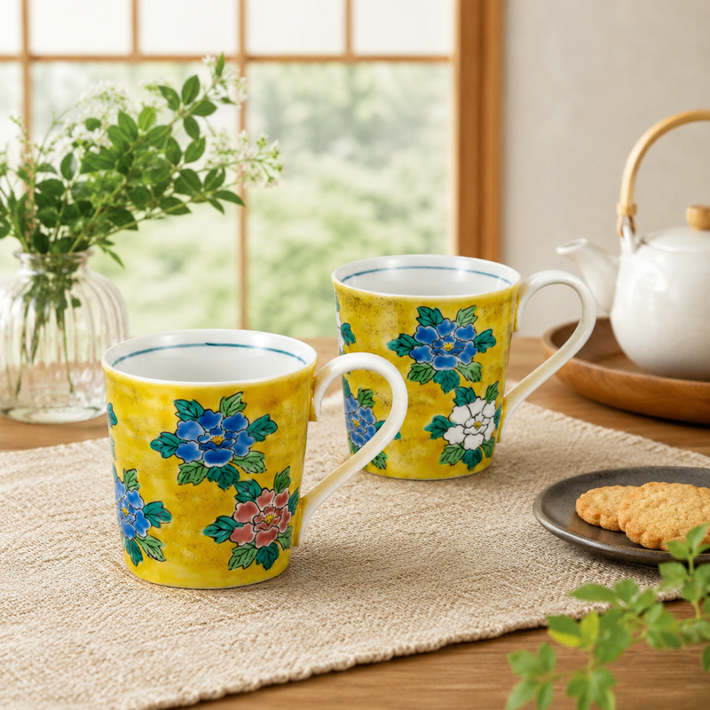 KUTANI WARE PAIR MUG CUPS – YOSHIDAYA STYLE PEONY DESIGN
