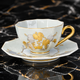KUTANI WARE DODECAGONAL COFFEE CUP & SAUCER – SHIROGANE MORI GRAPE & ROSE DESIGN WITH WHITE DOT (SHIROCHIBU) BY KINGYOKU NAKADA