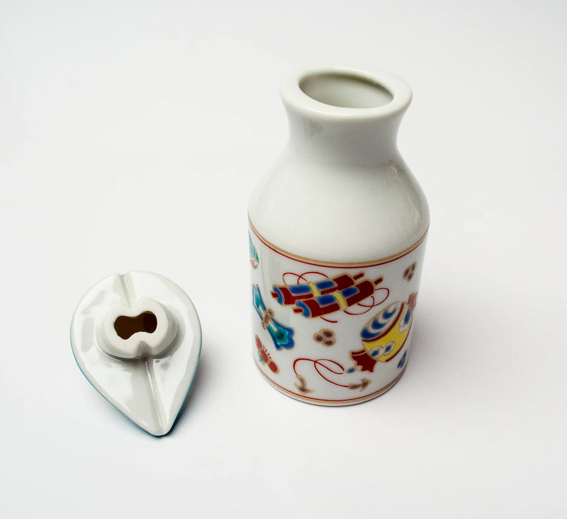 KUTANI PATTERNED SOY SAUCE DISPENSER TAKARA DESIGN SEIKOU KILN, JAPANESE CERAMIC SAUCE CONTAINER