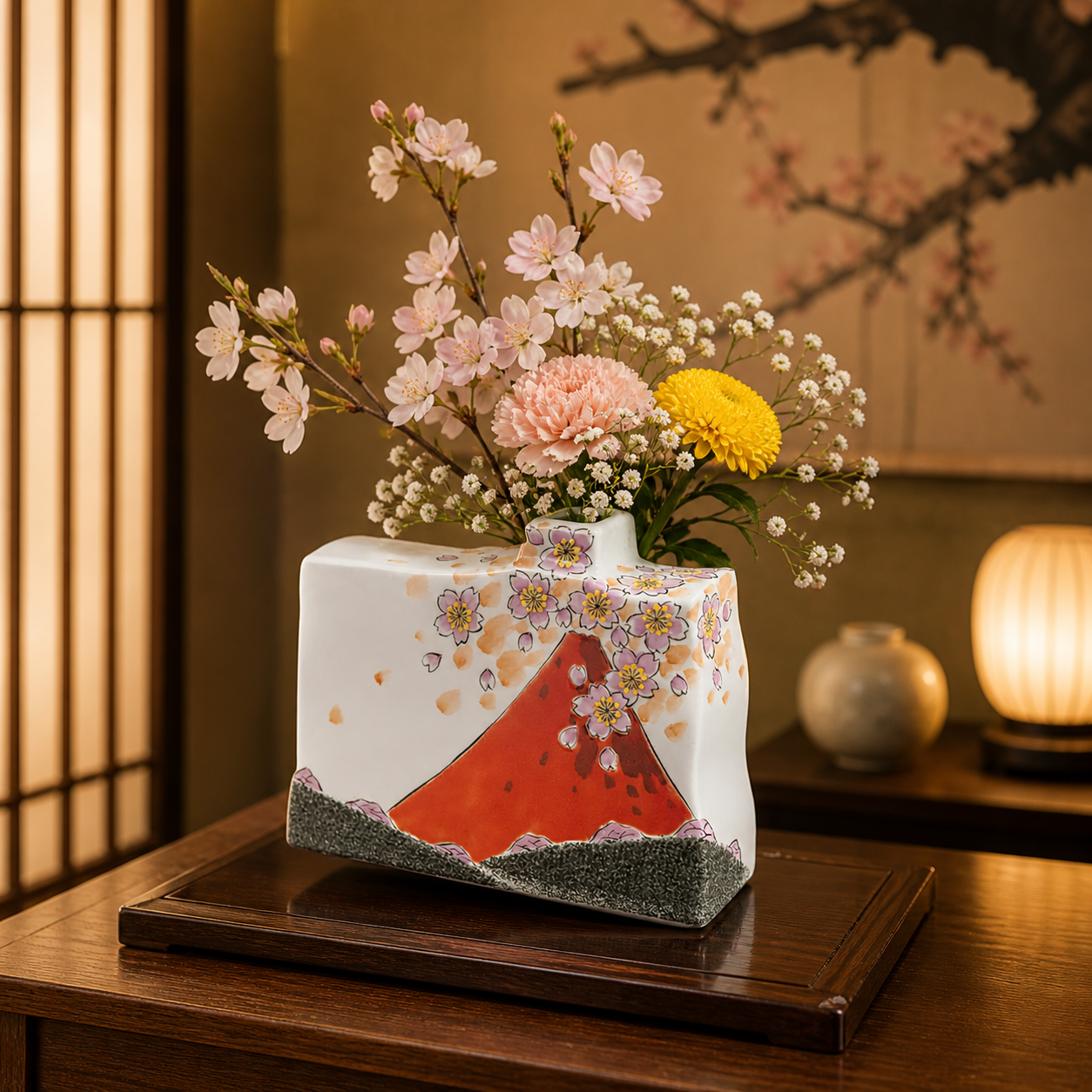 KUTANI WARE SINGLE-FLOWER VASE – RED FUJI BY FUKUDA SHŌRYŪ (GIFT BOX)