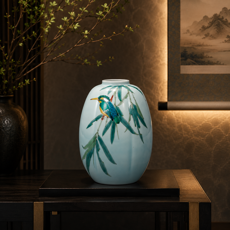 KUTANI WARE FLOWER VASE KINGFISHER ON BAMBOO/ RYUZAN YAMADA