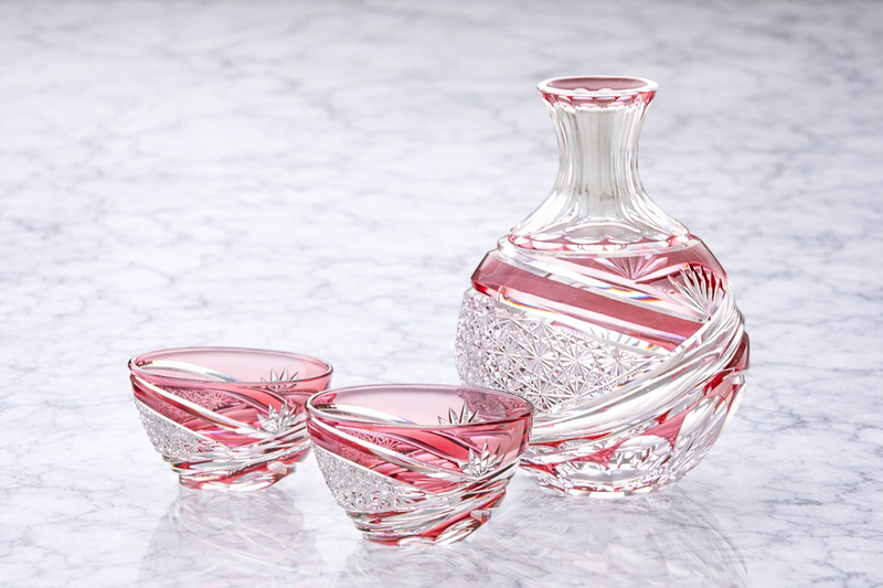 SAKE BARWARE, EDO KIRIKO “CHRYSANTHEMUM MESH & BAMBOO LEAVES”