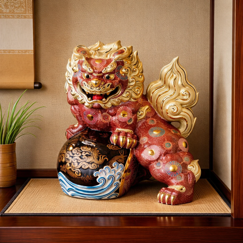 KUTANI WARE STANDING LION WITH DRAGON SCULPTURE – PREMIUM JAPANESE PORCELAIN GUARDIAN STATUE, HANDCRAFTED