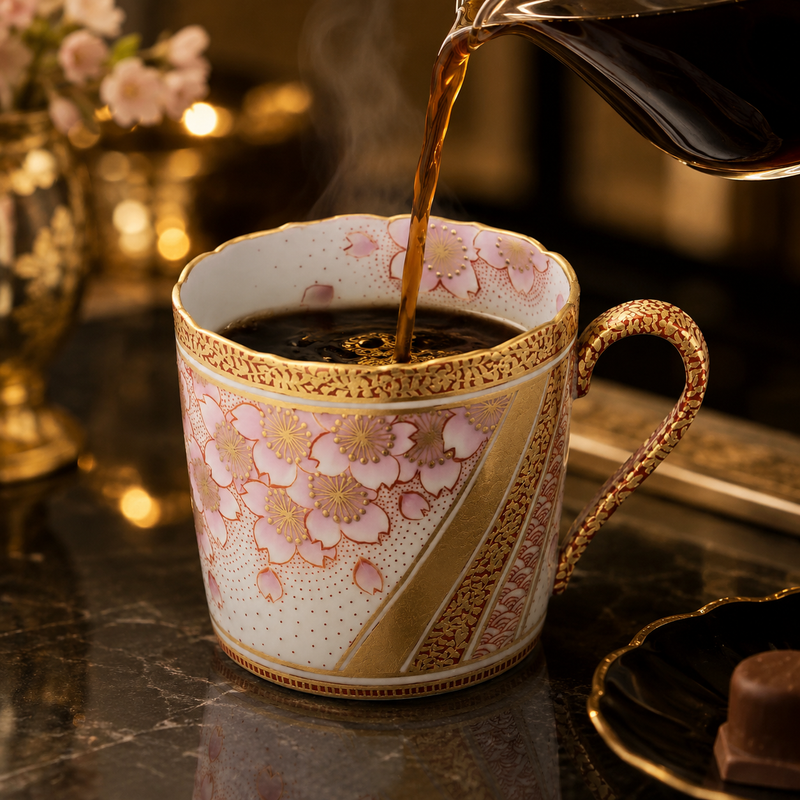 KUTANI WARE MUG CUP – KINRANDE SAKURA (CHERRY BLOSSOM) DESIGN BY YOSHINORI FUKUDA