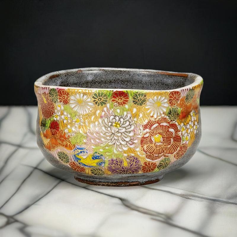 KUTANI WARE MATCHA BOWL CHAWAN KIN-HANAZUME