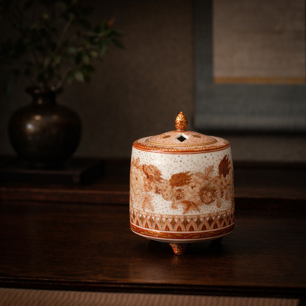 KUTANI WARE INCENSE BURNER – AKAE PEONY & SHISHI (LION DOG) DESIGN BY BUZAN FUKUSHIMA